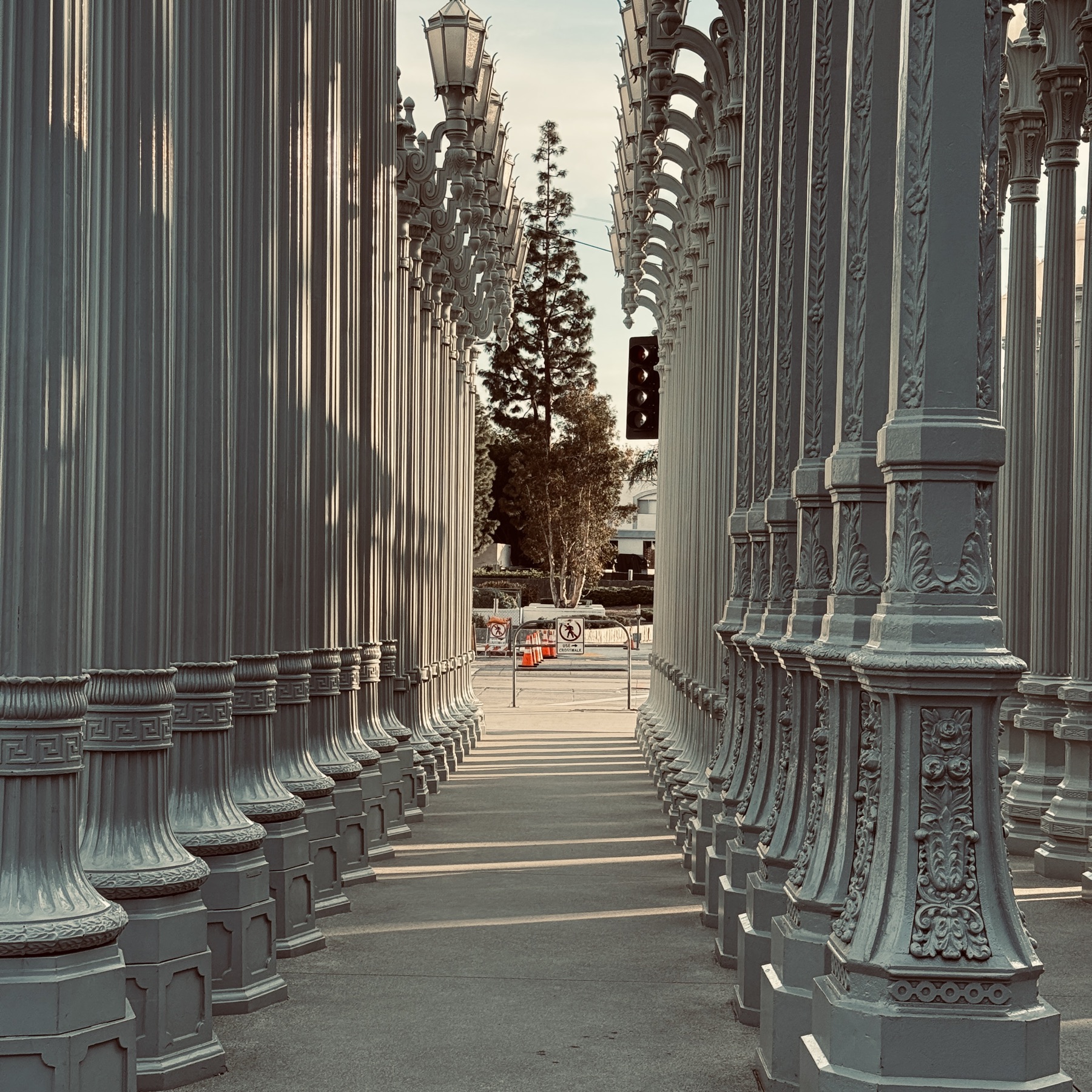 Urban Light, Chris Burden's installation of vintage street lamps at LACMA, photographed at dusk